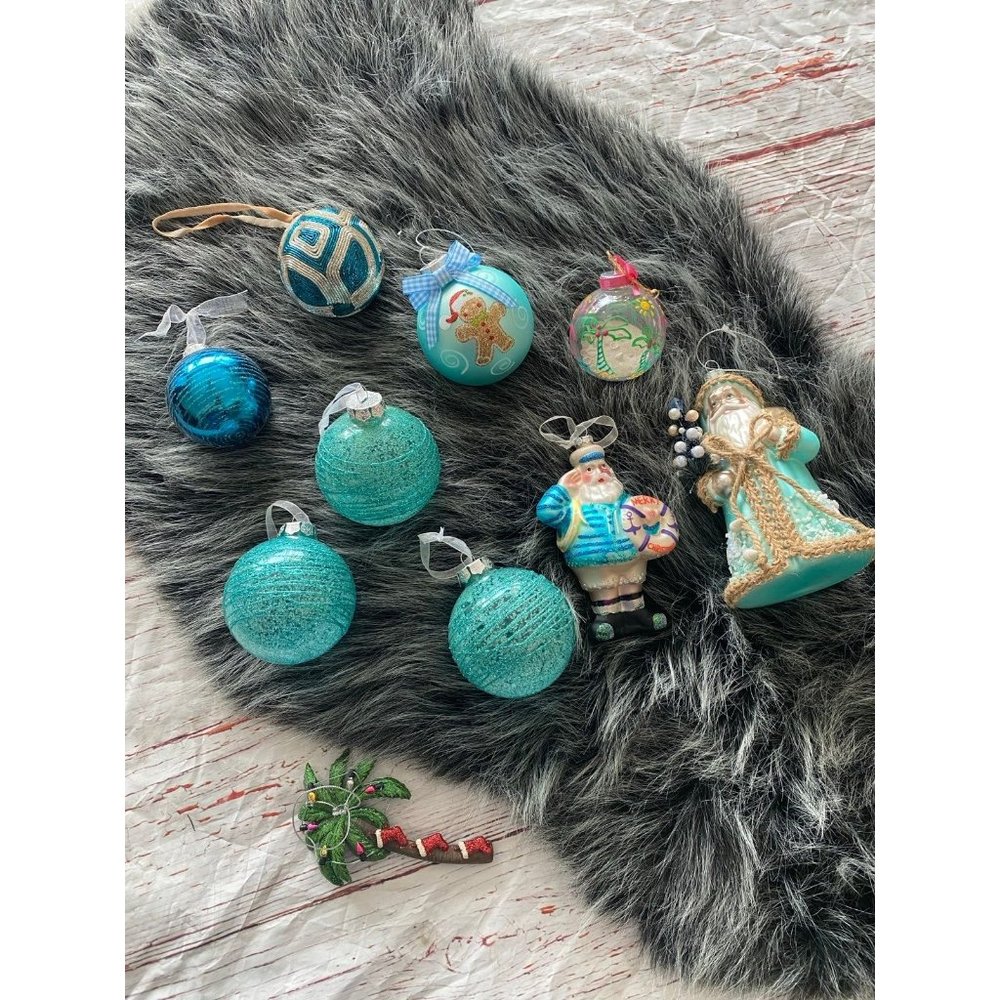 lot of beach themed Christmas ornaments